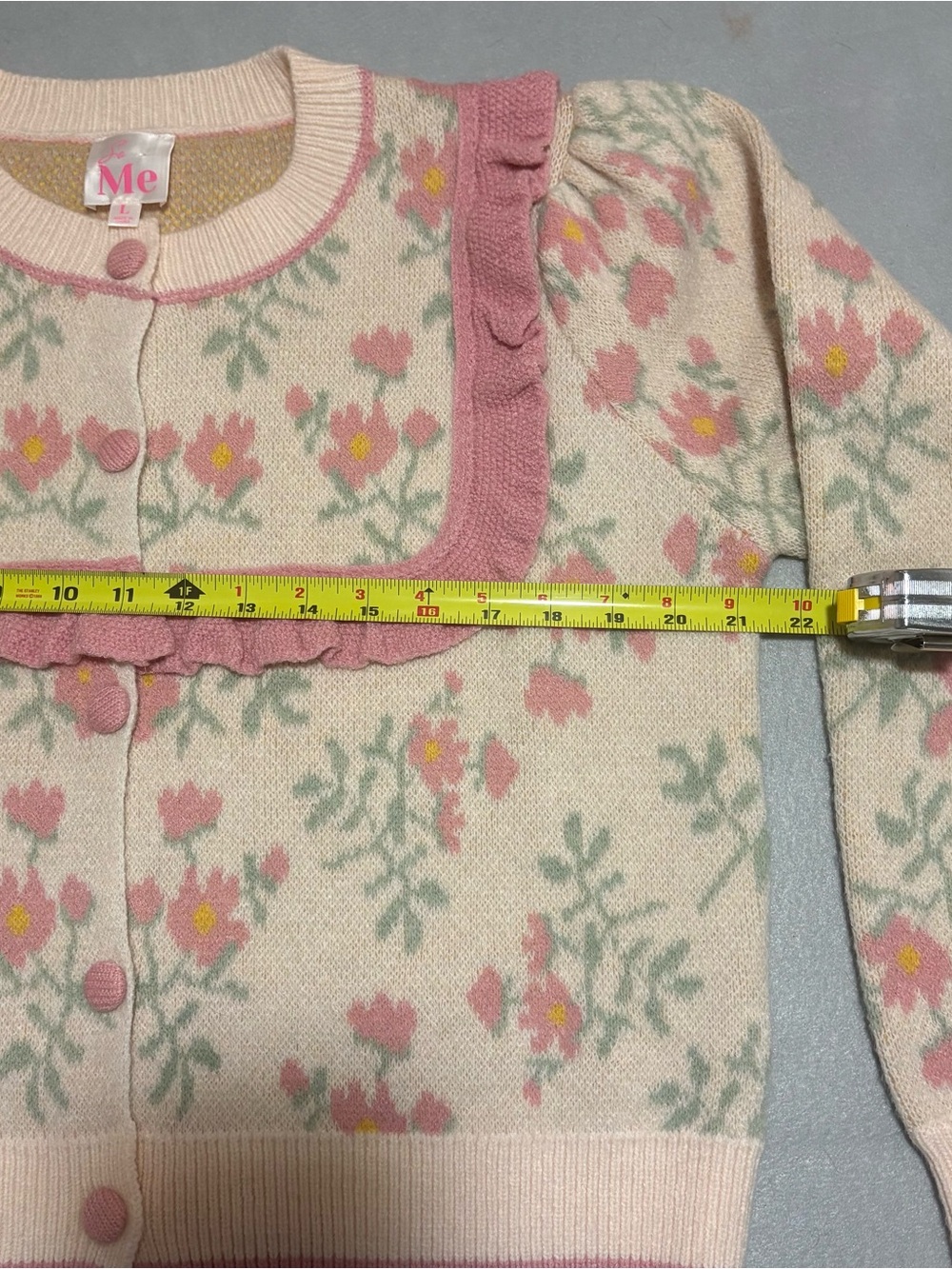 So Me L Pink Floral Ruffle Cardigan Coquette Cottagecore Puff Sleeve Sweater - Picture 14 of 15